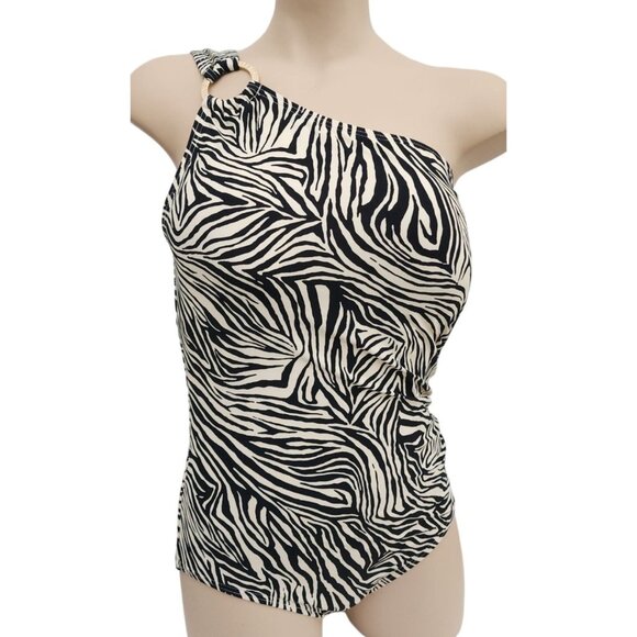Michael Kors NWT One Shoulder Swimsuit Zebra Print Ruched Sides 1 Piece 14 - Picture 1 of 7